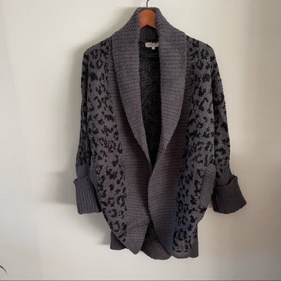 Leopard Print Dolman Cardigan Womens Black Charcoal Fuzzy Lounge Cozy Sweater - Picture 1 of 8